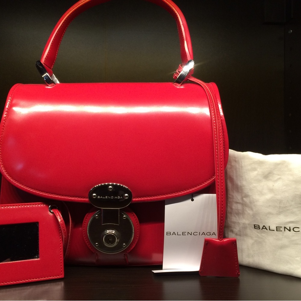 BALENCIAGA Red Leather Top Handle Padlock Handbag
